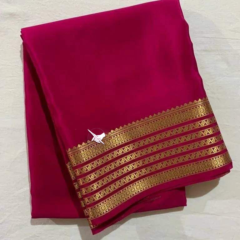 Bold Pink Mysore Soft Silk Saree With Shiny Zari Border And Blouse Combo