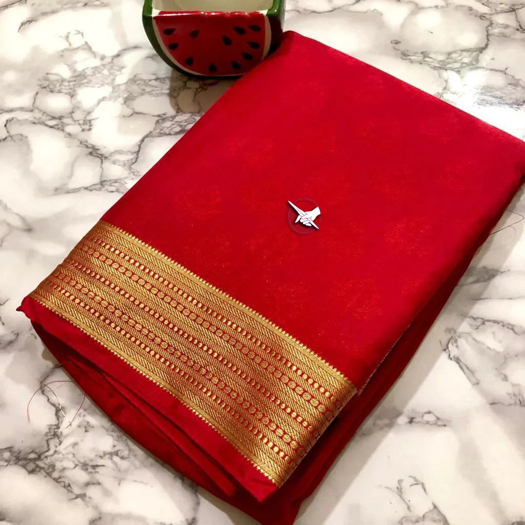 Striking Red Traditional Mysore Crepe Silk Weaving Work Saree