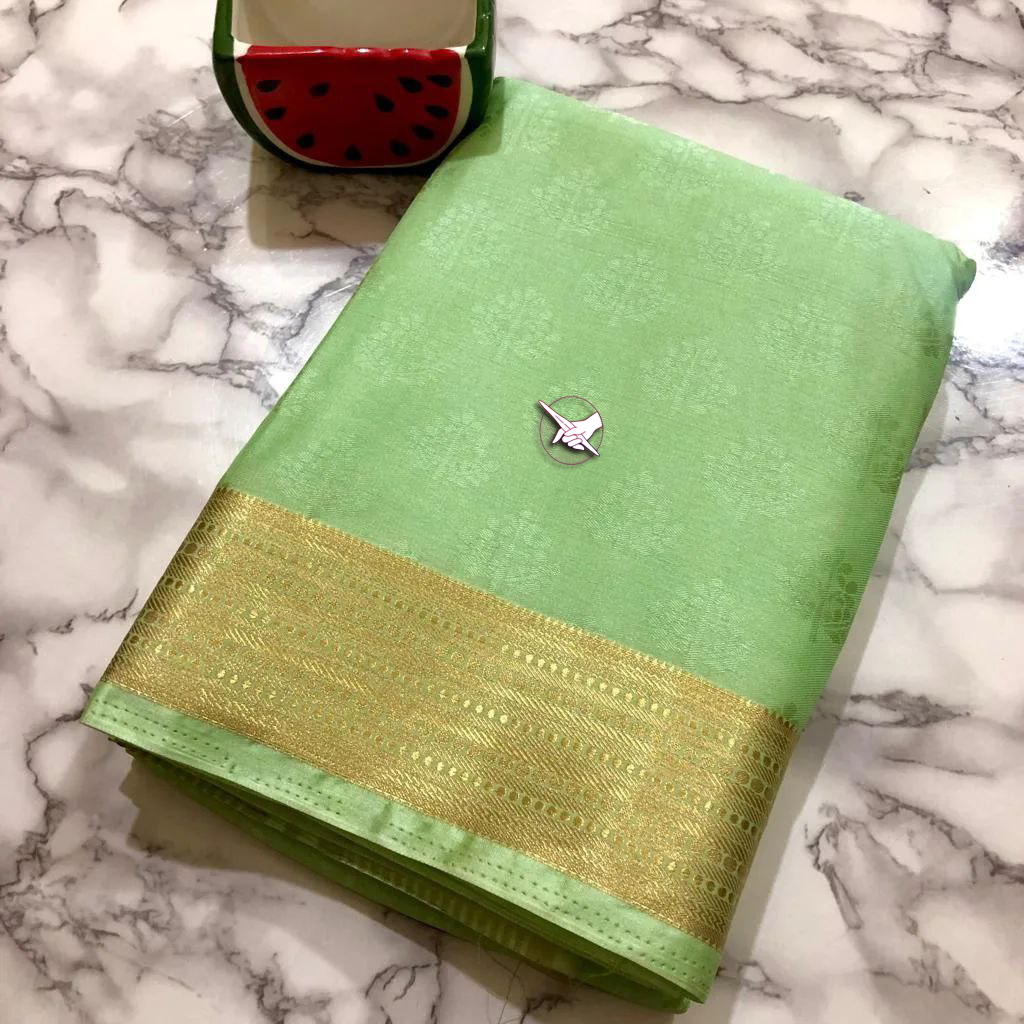 Elegant Festive Wear Light Pista Semi Silk Saree With Rich Texture And Mild Shine