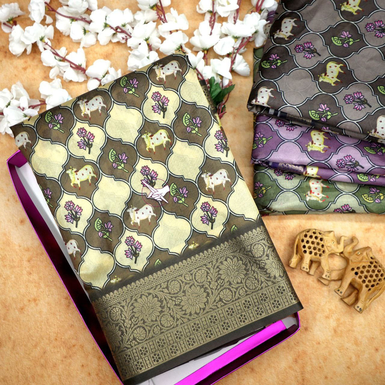 Trendy Beige Digital Printed Dola Silk Saree Soft Feel With Designer Blouse