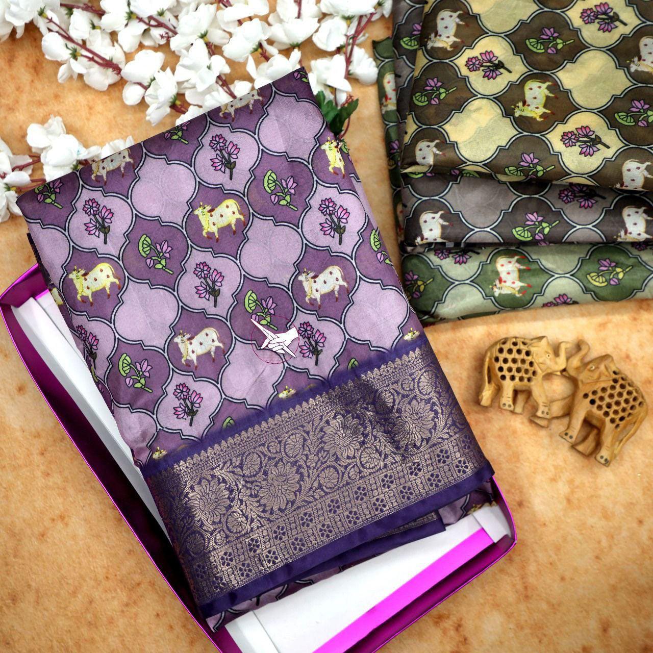 Premium Purple Super Soft Silk Saree Digital Print Dola Fabric And Contrast Blouse