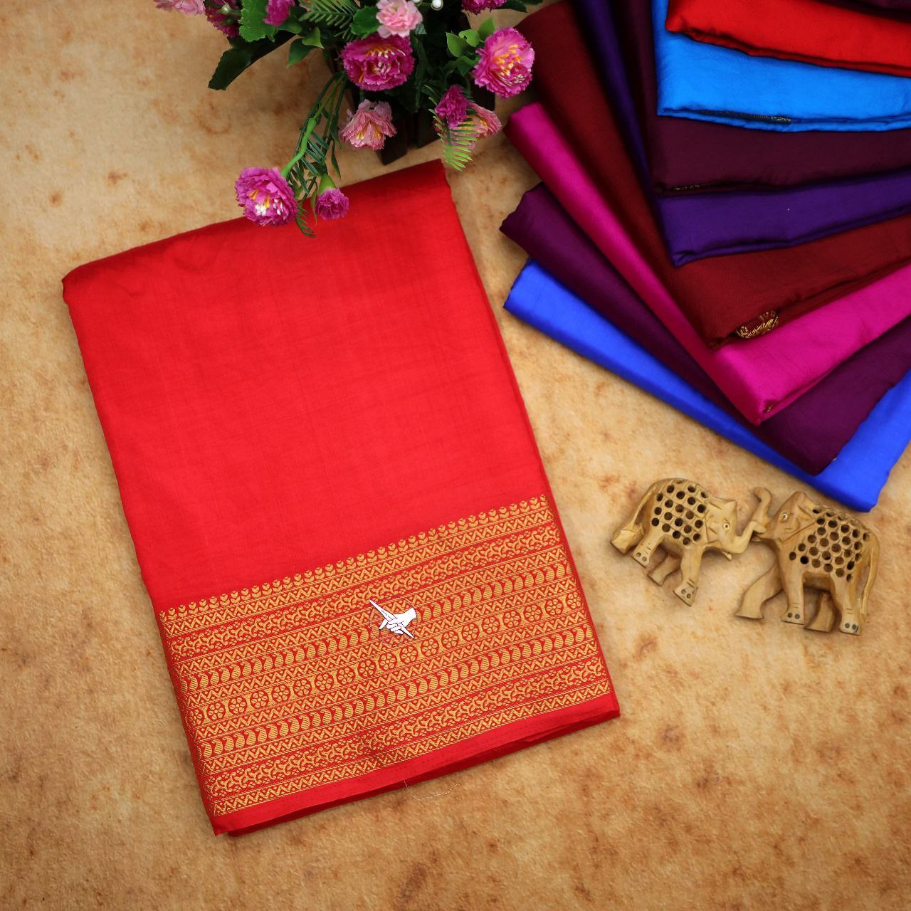 Function Wear Red Mysore Plain Silk Saree With Zari Edge And Blouse Piece