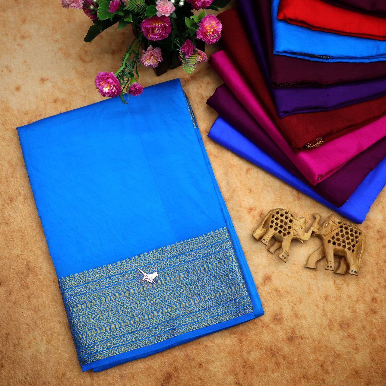 Traditional Blue Mysore Soft Silk Saree With Classic Zari Border And Unstitched Blouse