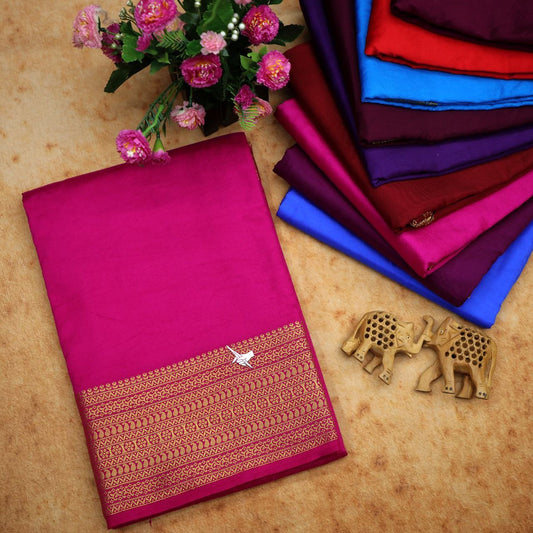 🥰 Floral Zari Border Pink Plain Mysore Silk Saree.🥰