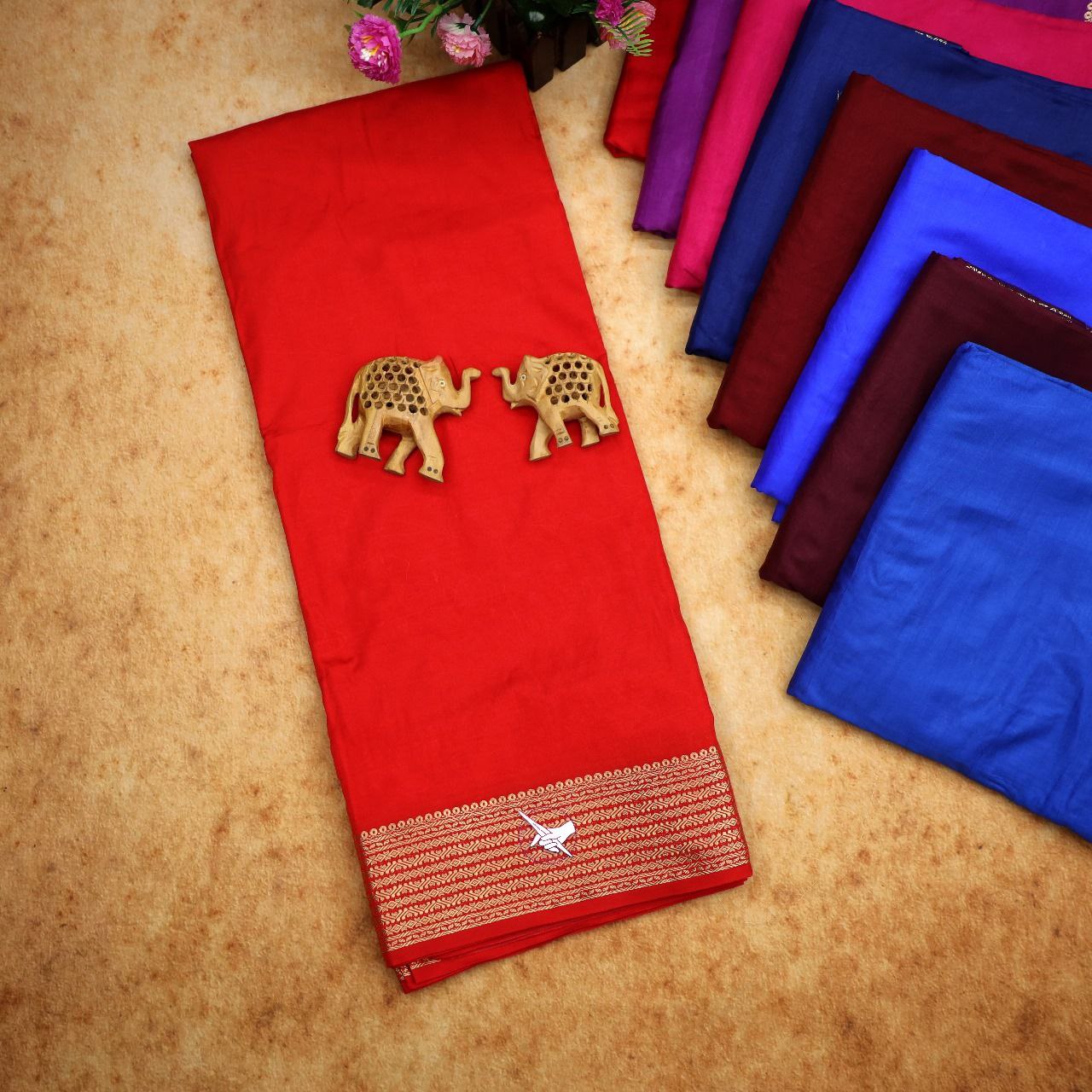 Ethnic Red Function Saree In Plain Soft Silk With Designer Blouse Material