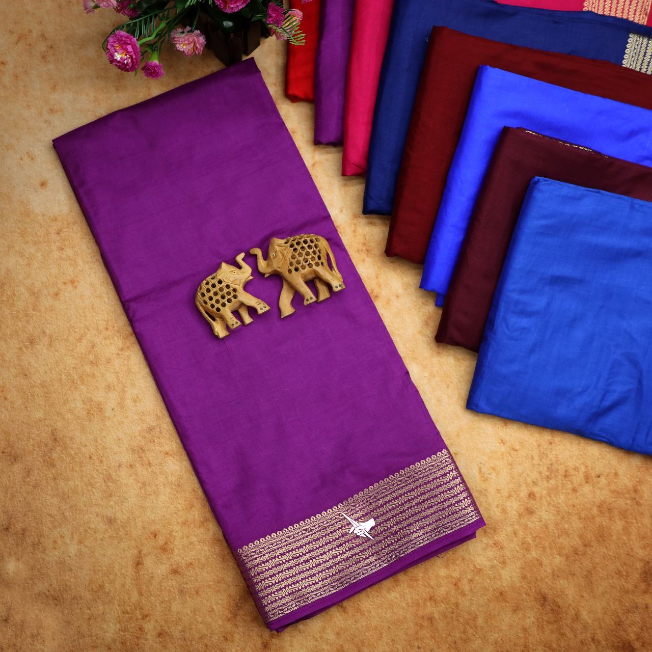 Minimalist Royal Blue Mysore Soft Silk Traditional Saree With Copper Zari And Blouse