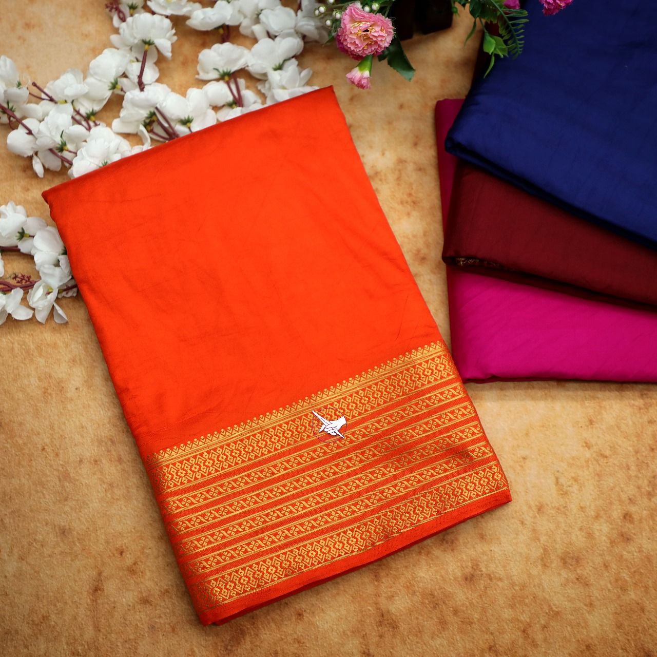 Refined Orange Soft Silk Traditional Saree From Mysore With Blouse Material
