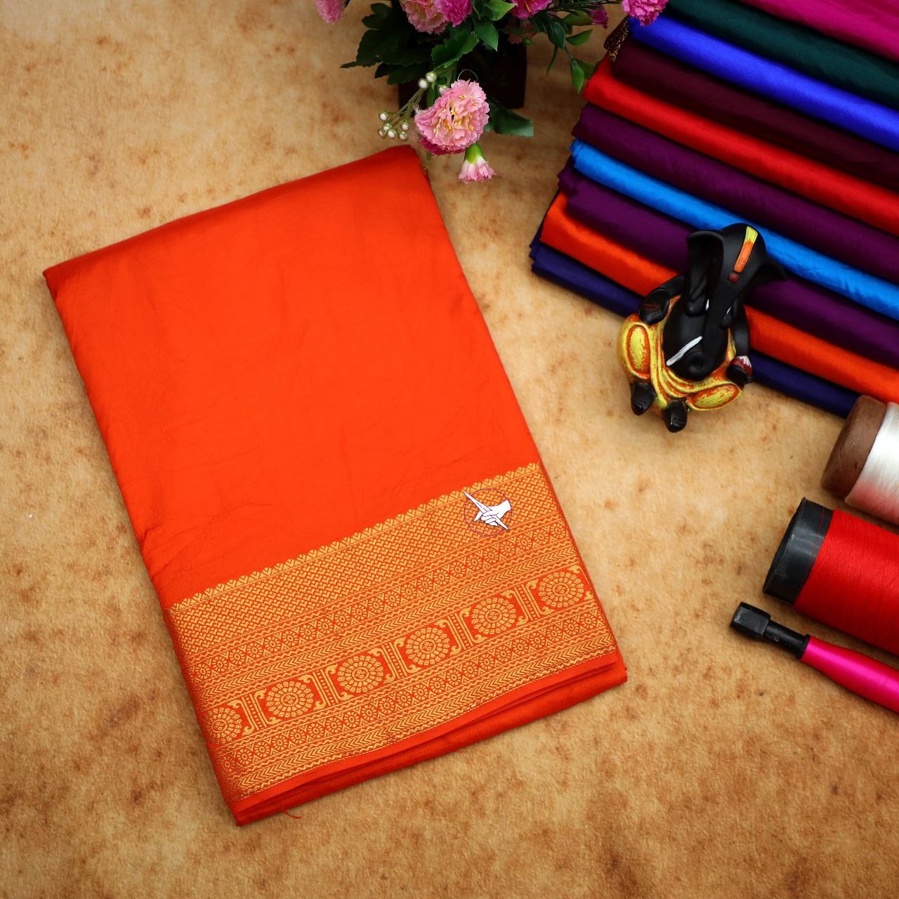 🥰Exclusive  Zari Border Orange Plain Mysore Silk Saree.🥰