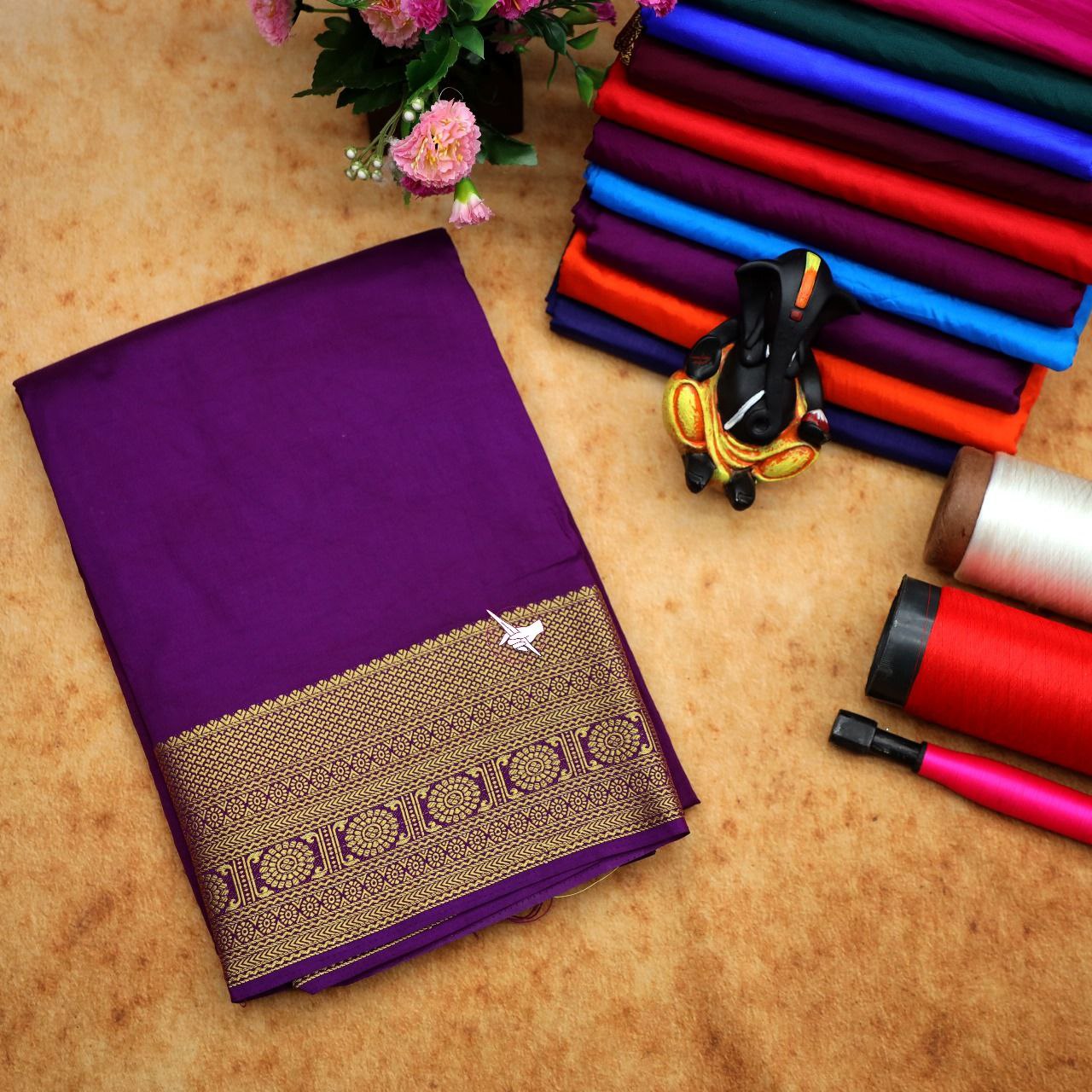 Statement Purple Zari Border Soft Silk Mysore Saree With Unstitched Blouse