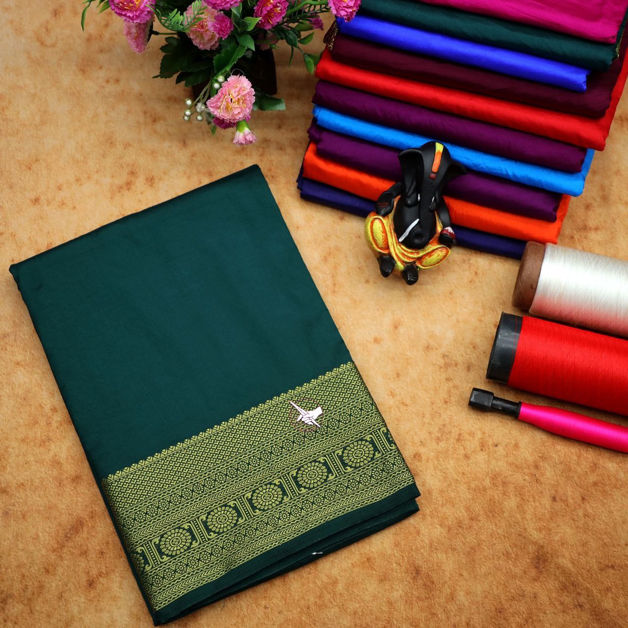 Vibrant Green Mysore Silk Saree For Events With Contrast Blouse Material