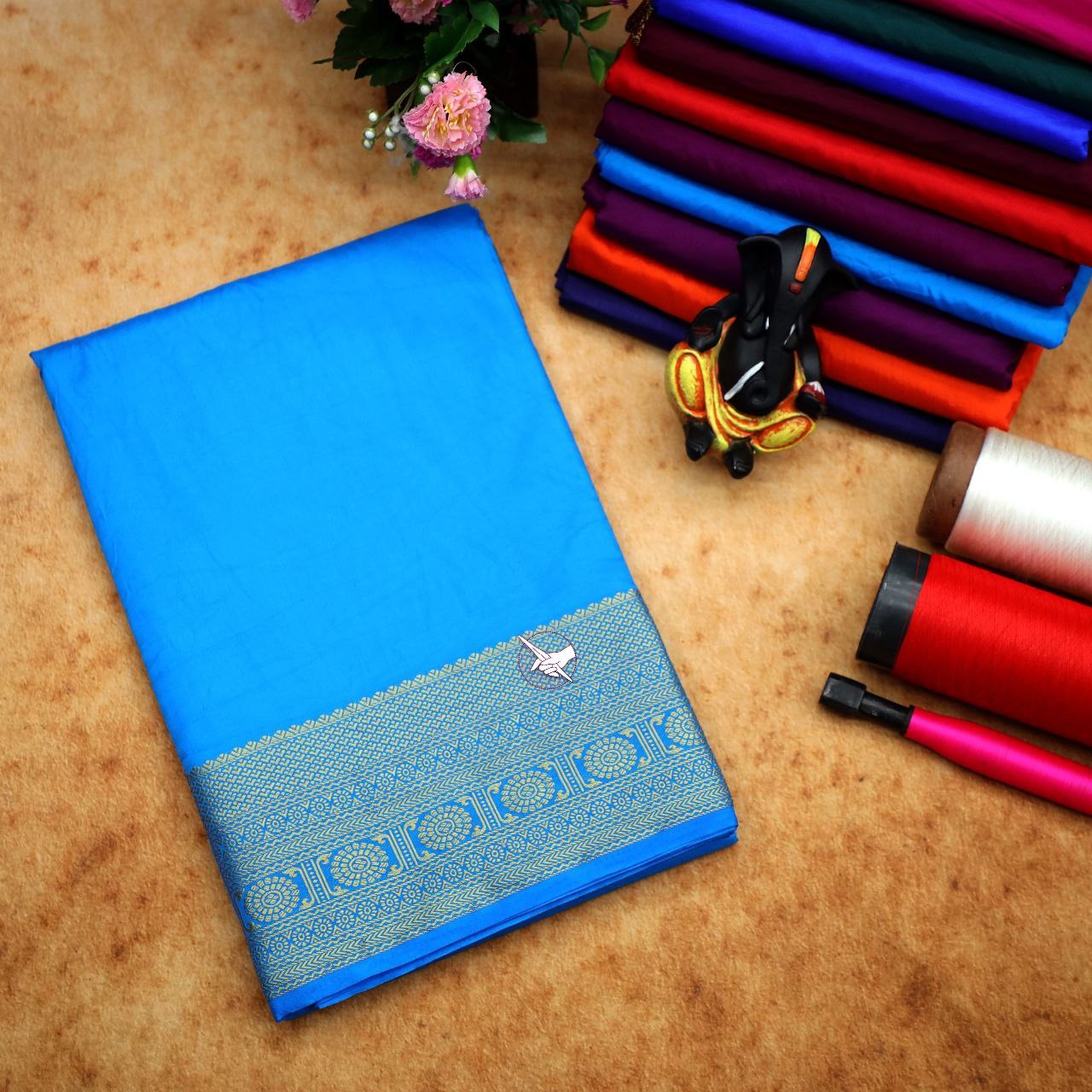 Stylish Sky Blue Function Wear Mysore Plain Silk Saree With Blouse Piece