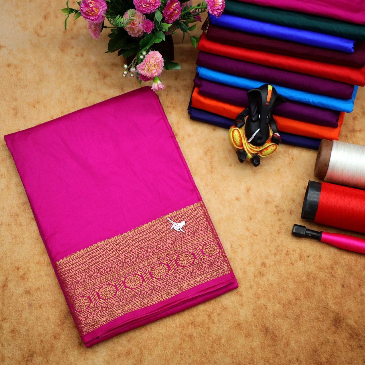 Rich Pink Traditional Mysore Soft Silk Saree With Elegant Zari Border And Blouse
