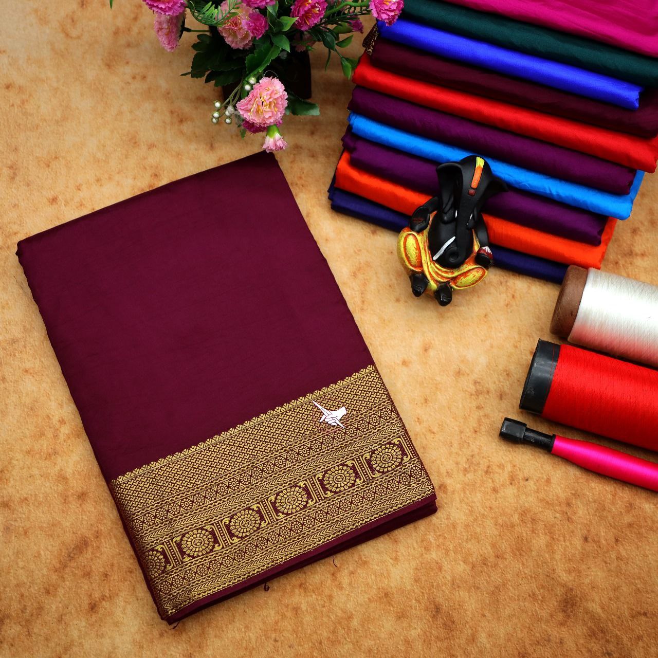 Cultural Maroon Soft Silk Saree From Mysore With Blouse Fabric And Gold Zari Edge
