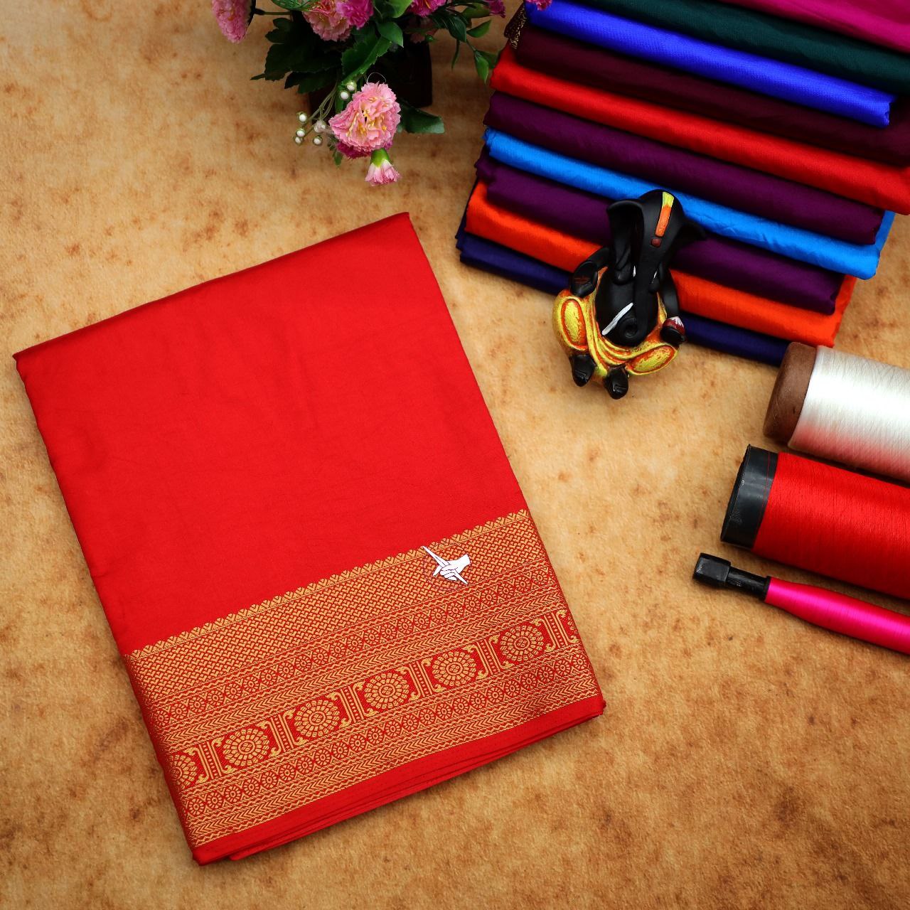 Zari Border Red Mysore Plain Silk Saree With Trendy Unstitched Blouse