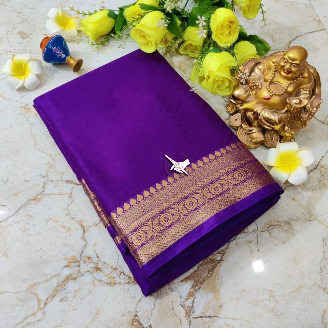 Premium Purple Mysore Silk Plain Saree With Rich Zari And Blouse Fabric