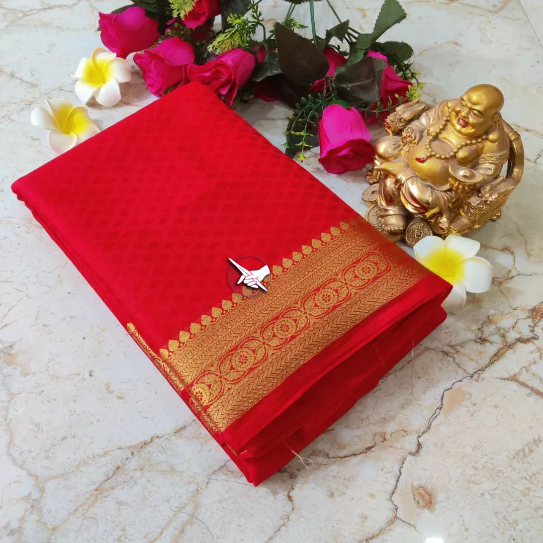 🥰 Exclusive Zari Border Red Plain Mysore Silk Saree.🥰