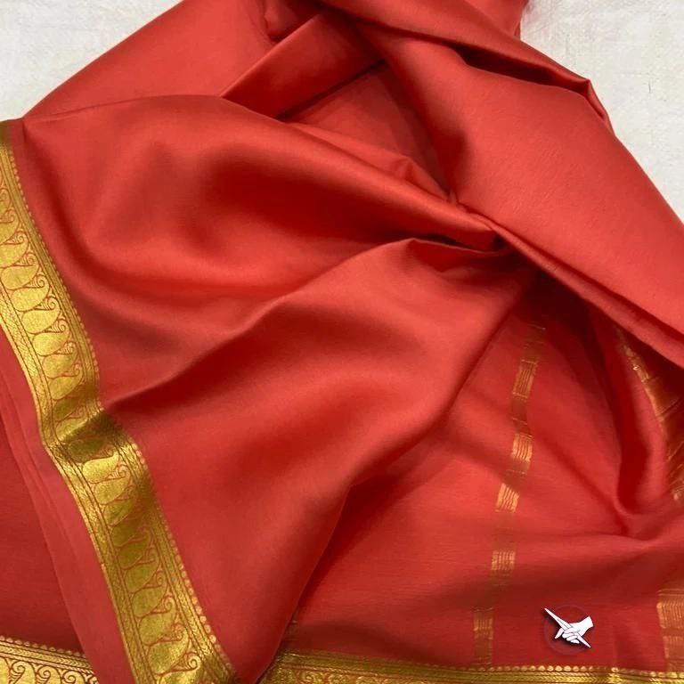 Vibrant Red Mysore Soft Silk Saree With Contrast Zari Border And Blouse