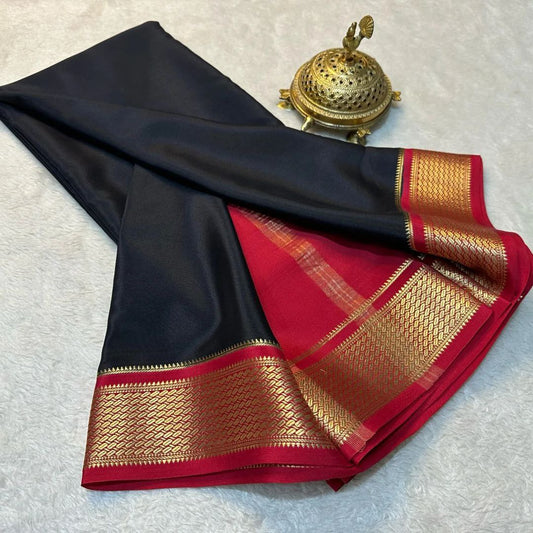 🥰 Floral Zari Border  Black with Pink  Colour Plain Mysore Silk Saree.🥰