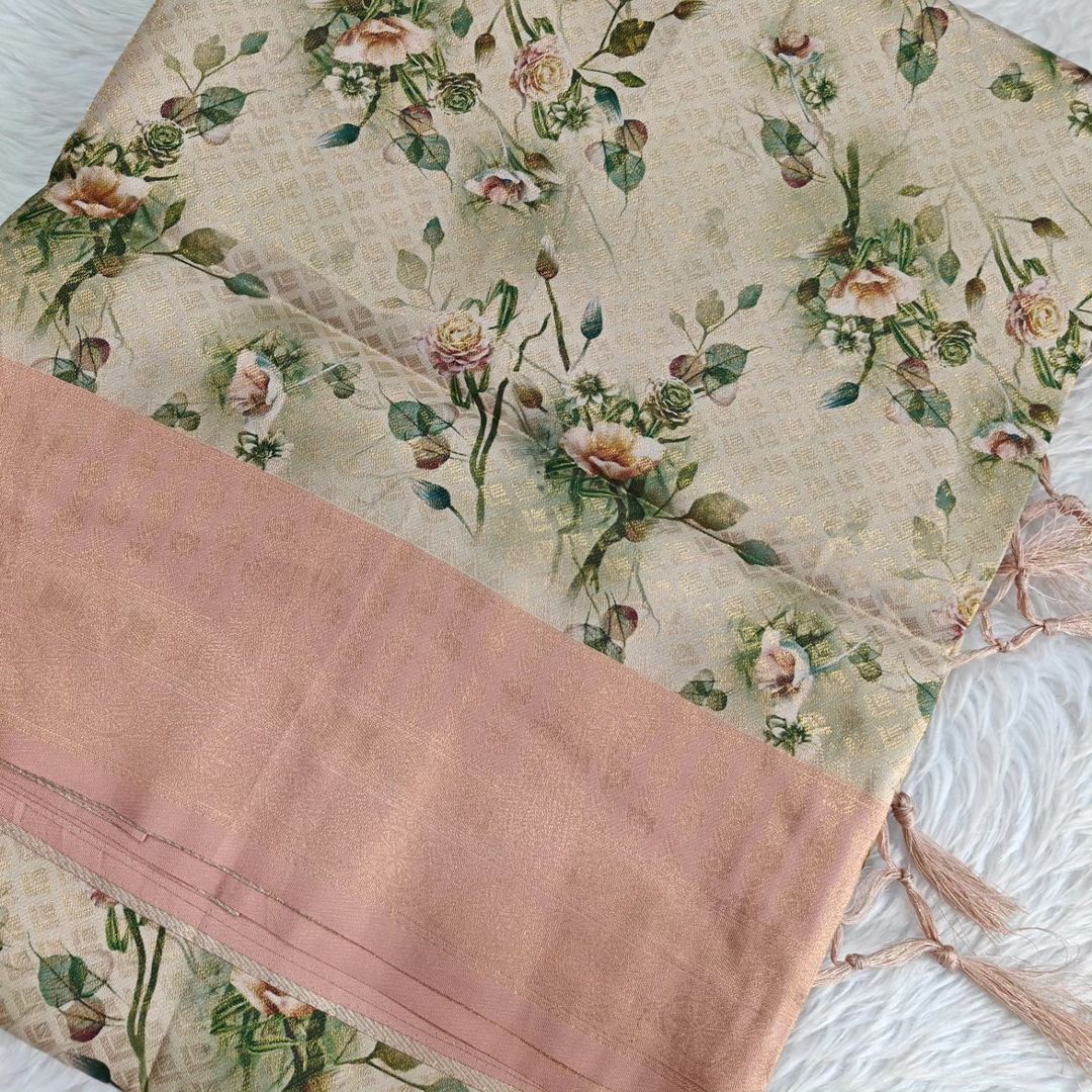 Elegant Grey Soft Silk Saree With Digital Print Traditional Touch