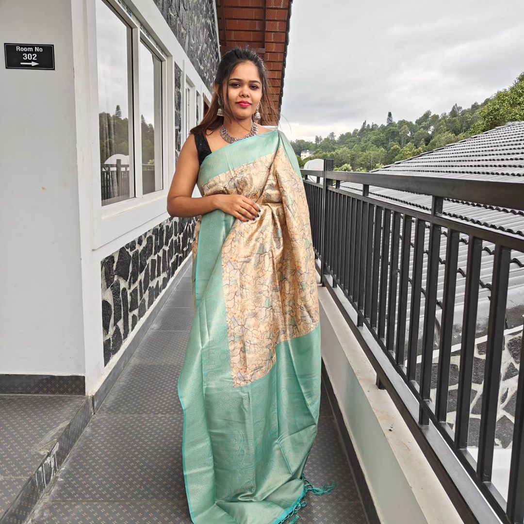Charming Green Silk Saree Traditional Digital Print Design
