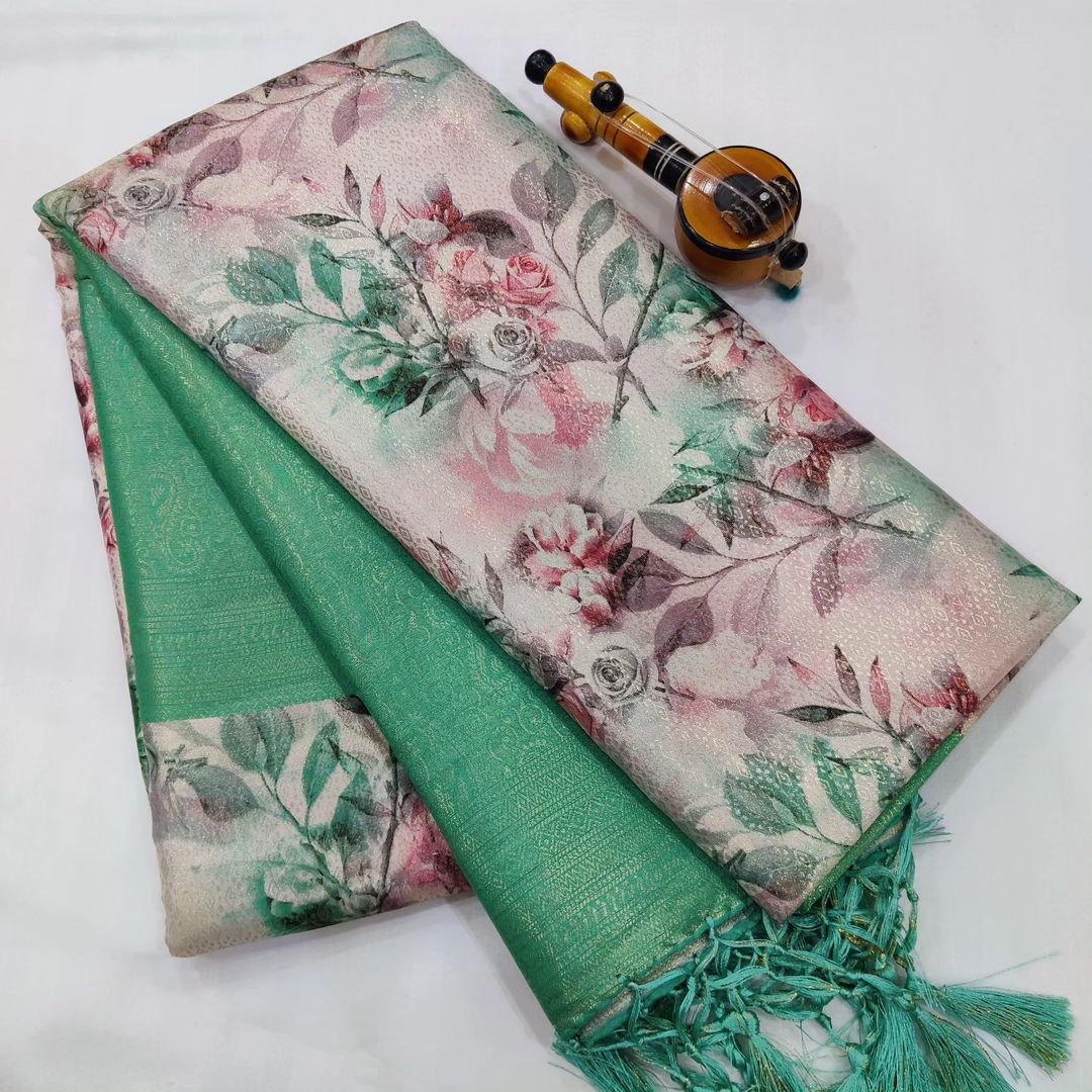 Green Traditional Saree In Soft Silk With Artistic Digital Prints