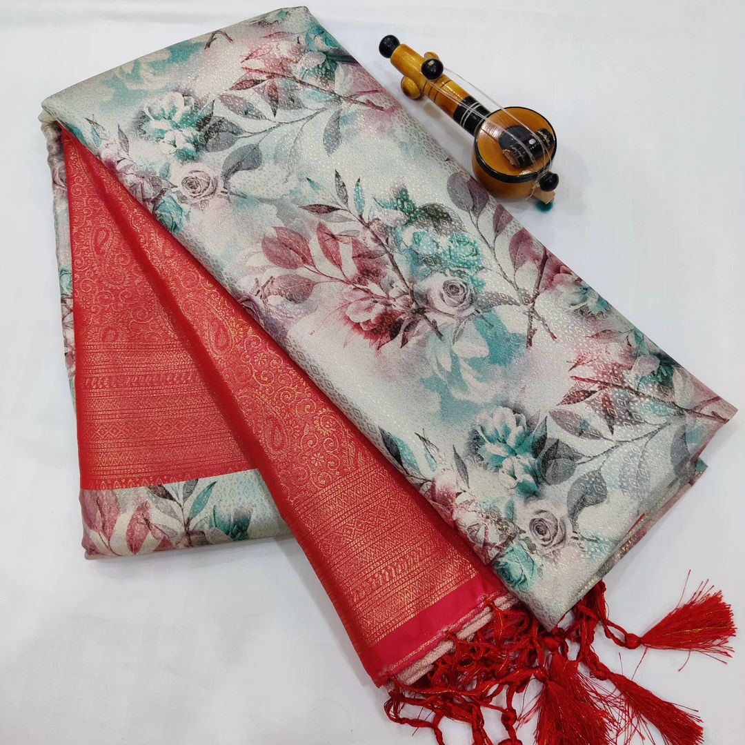 Modern Grey Digital Print Saree In Soft Silk Fabric