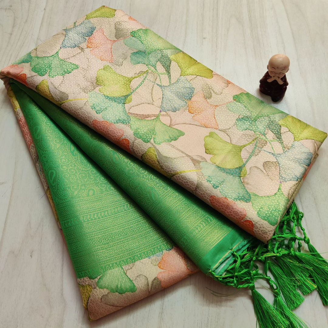 Green Ethnic Saree In Soft Silk Artistic Digital Prints For Women