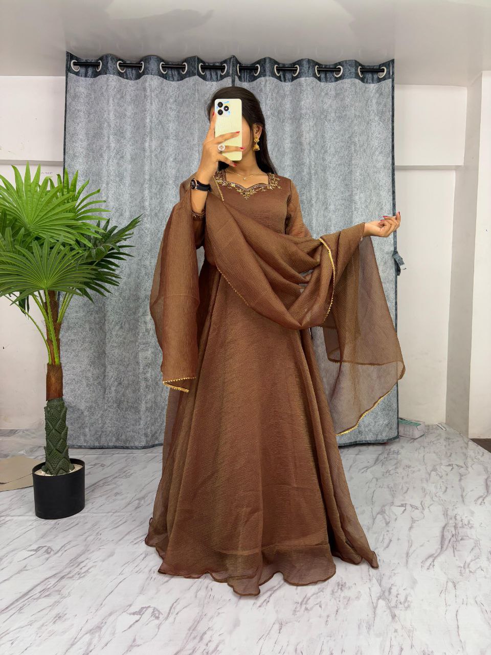 Fancy Cruch Readymade Gown In Light Brown Colour