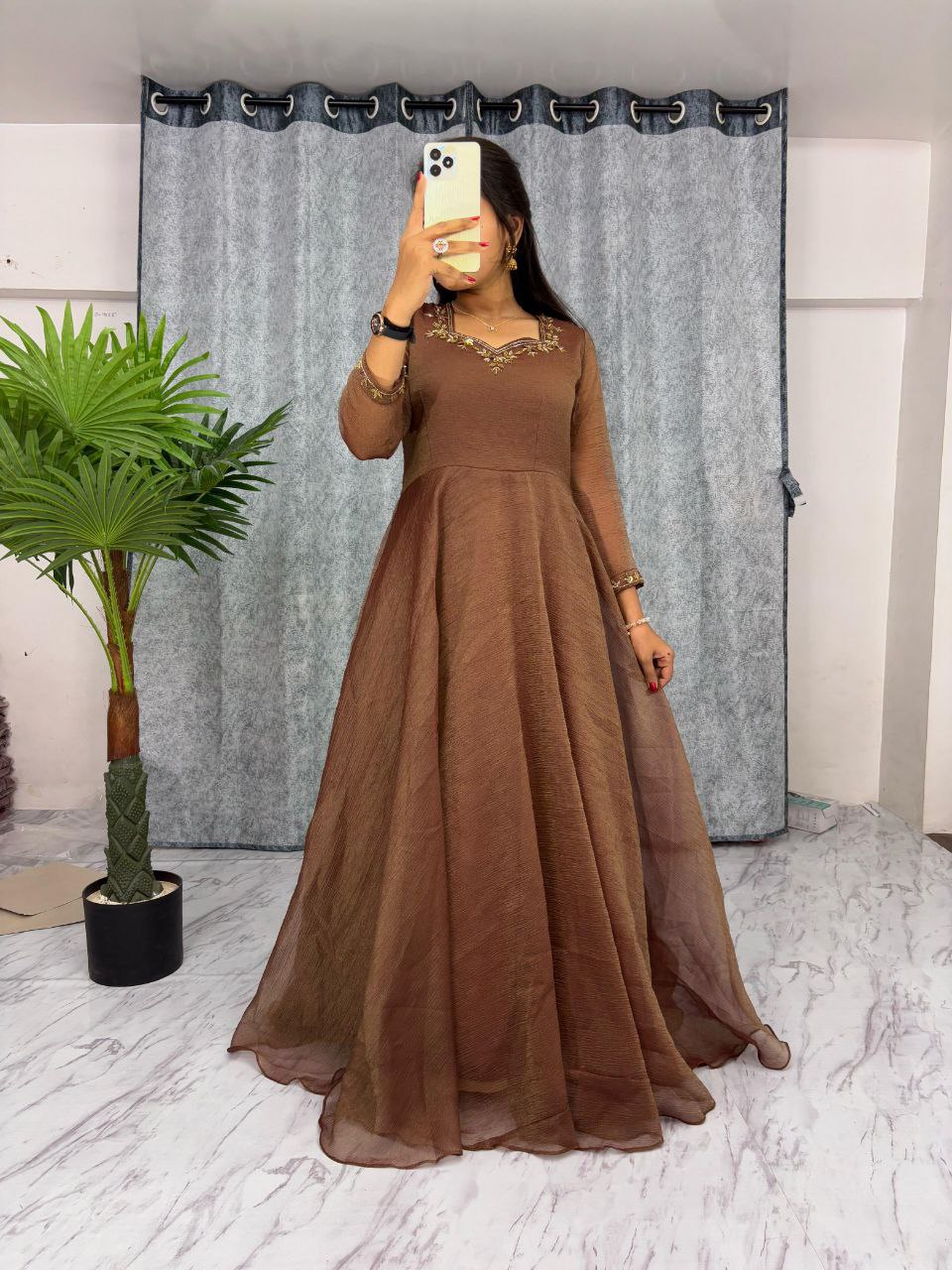 Fancy Cruch Readymade Gown In Light Brown Colour