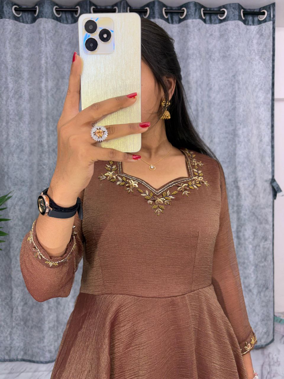 Fancy Cruch Readymade Gown In Light Brown Colour