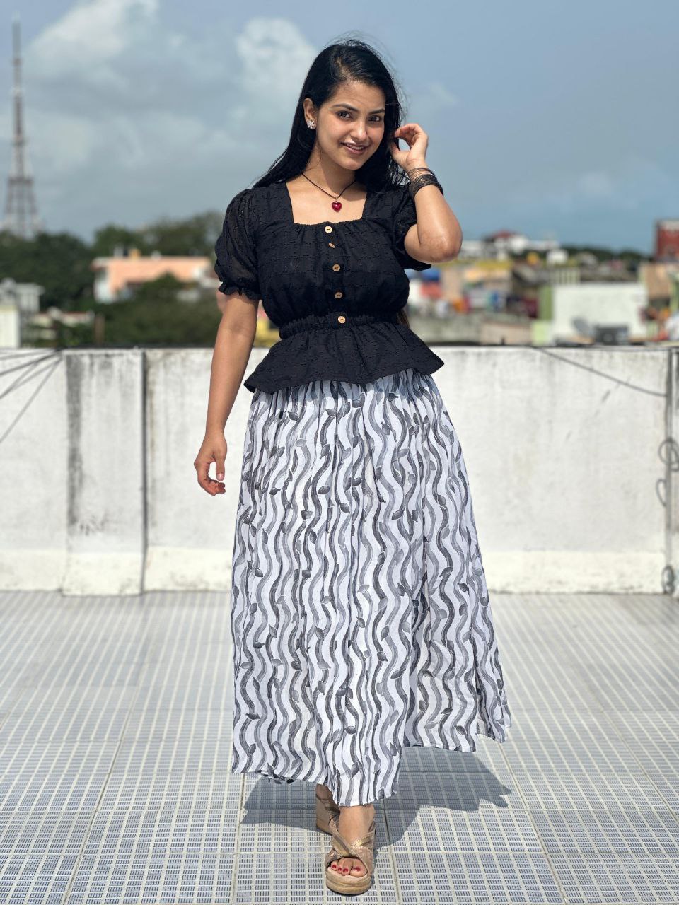 Majestic Chiffon Printed Black Top With Skirt