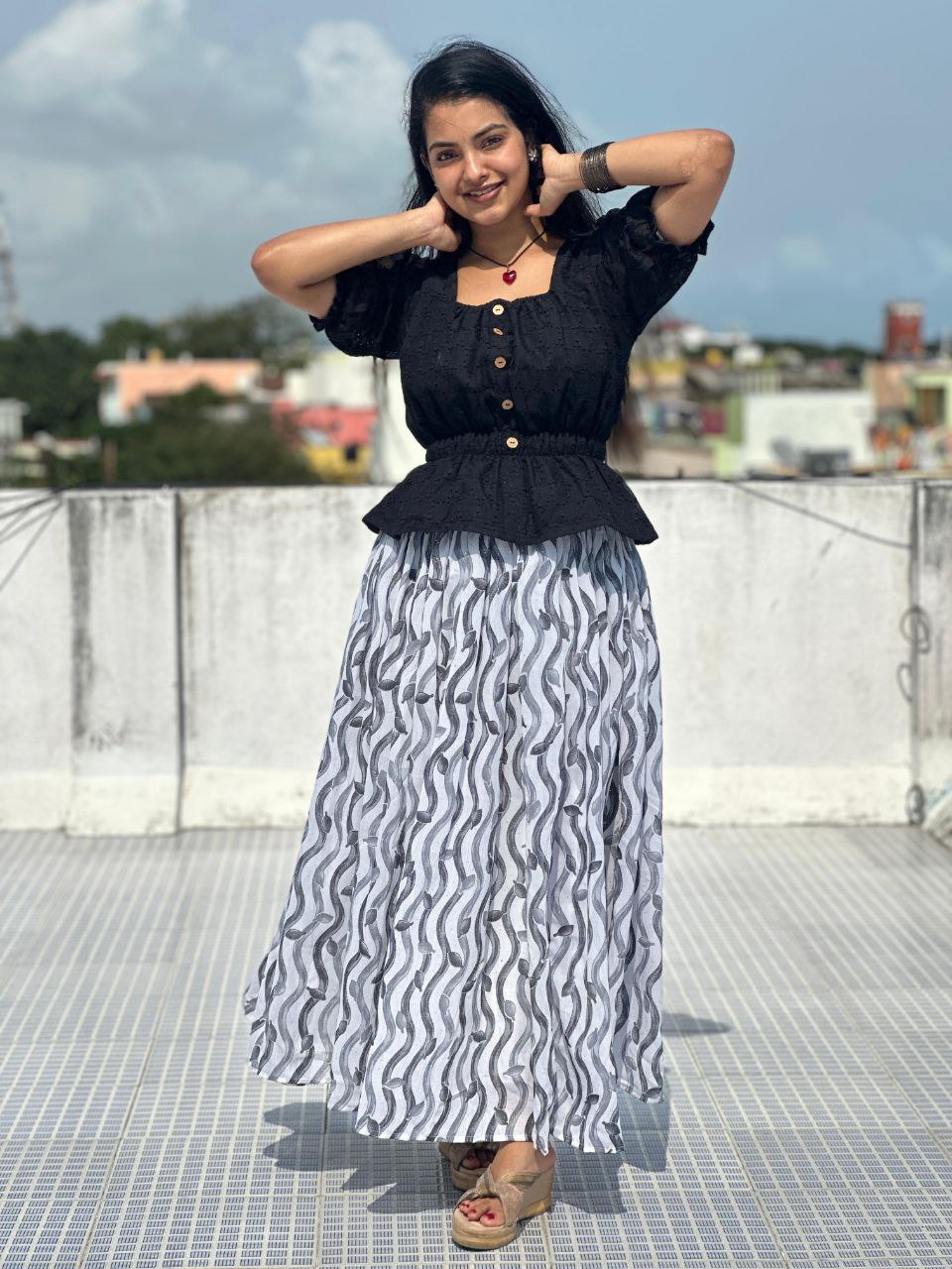 Majestic Chiffon Printed Black Top With Skirt