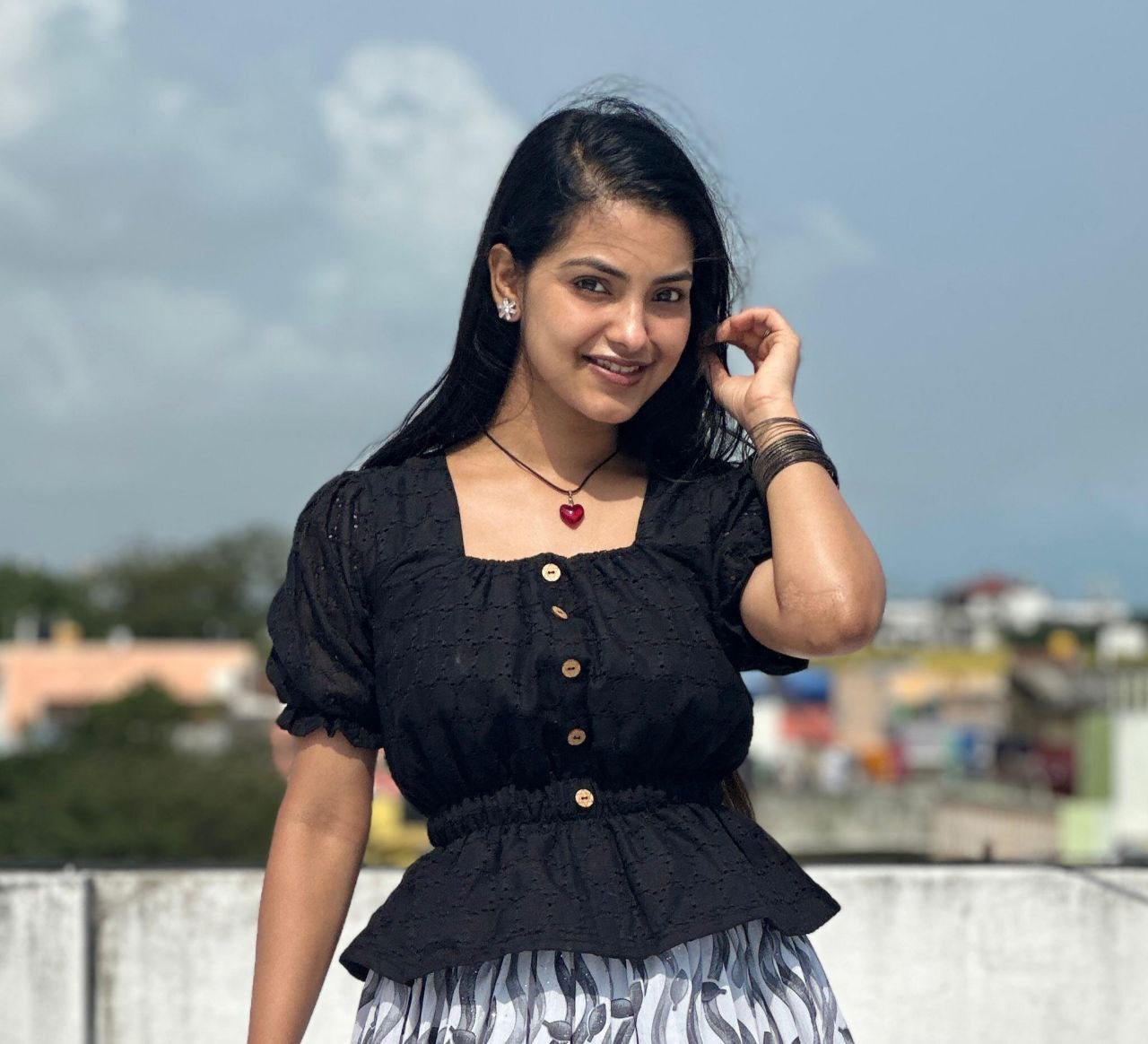 Majestic Chiffon Printed Black Top With Skirt