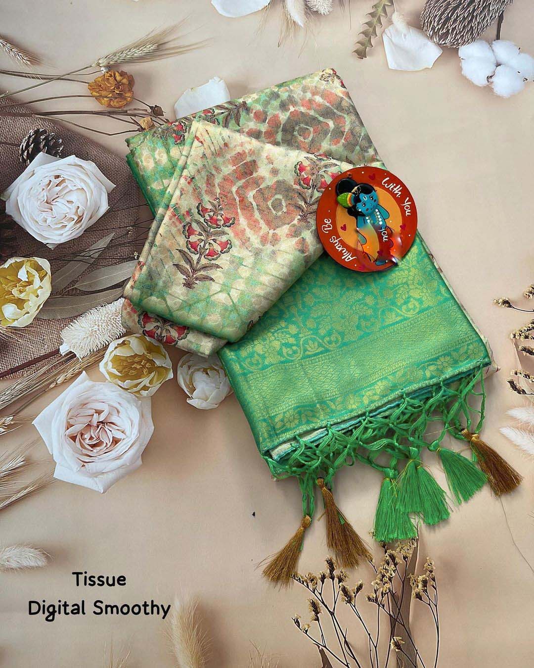 Soft Silk Designer Saree In Green Vibrant Digital Printing