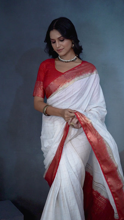 Mysore silk Crepe Elegance in Red&White